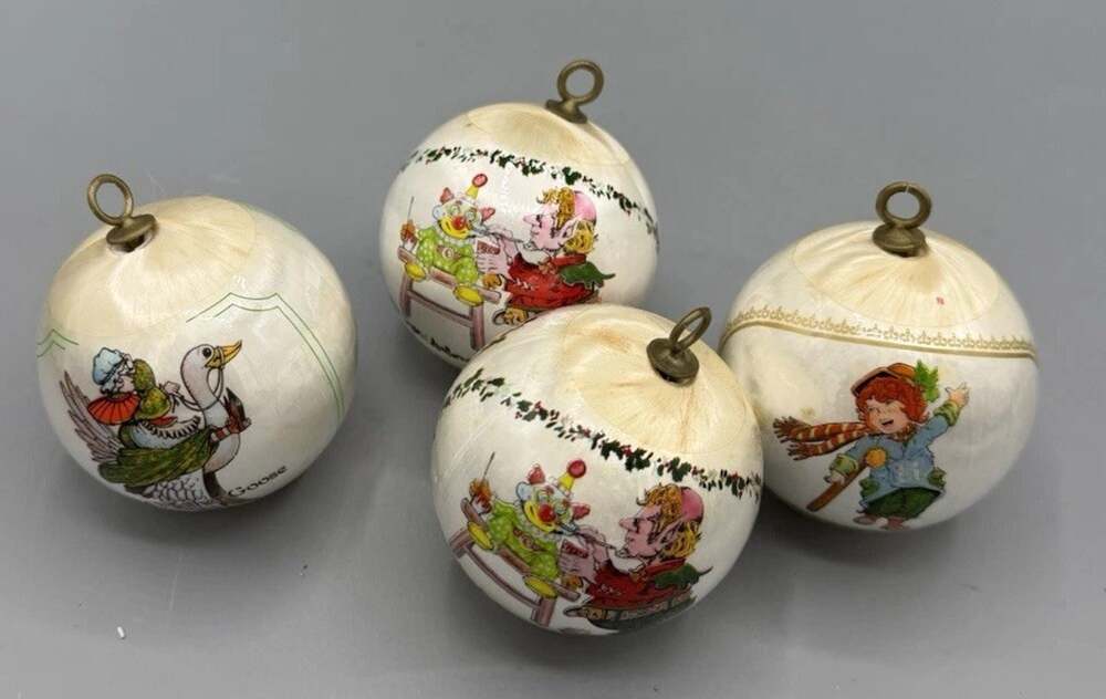 Vintage Christmas Ornaments Set of 4 Decoupage Children Holiday Balls 3 Inch